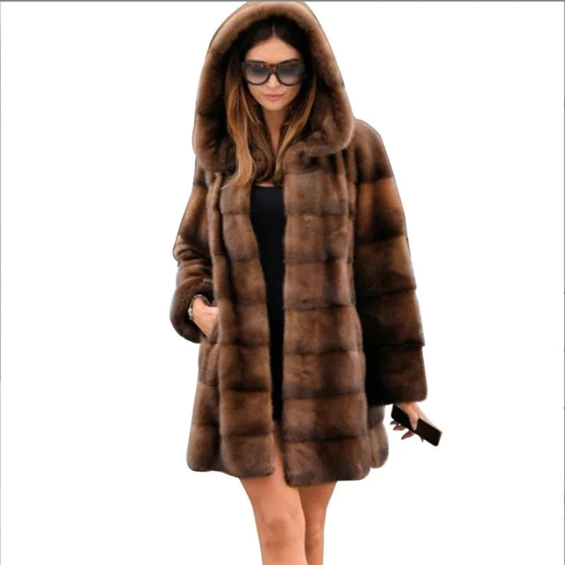NEW Arrivals UK S-3XL Size Women Faux Fox Fur Mid Length Coats Thick Warm Open Stitch Coat Hooded Full Sleeve Casual Elegant Splice Autumn Winter Warm Outerwear