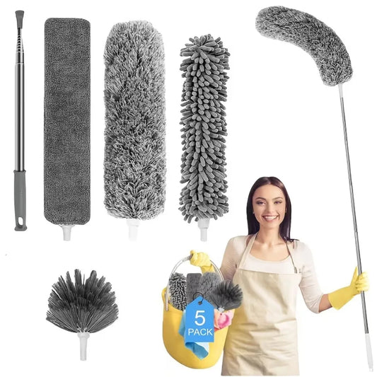 5 PCS Set Microfiber Duster Kit with Extension Pole Retractable for Ceilings Fans Blinds Car Furniture Cobweb Cleaning Household Duster Home Office Cleaning Supplies