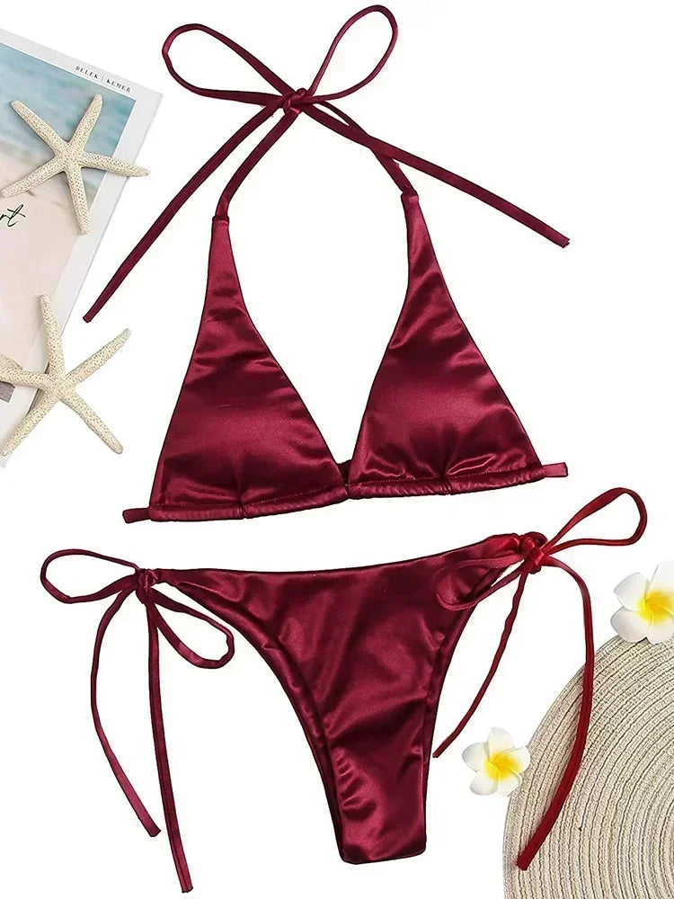 18 Colors UK Size Halter Brazilian Metallic Satin Bikini Women Swimwear Female Swimsuit Two-pieces Bikini Set High Cut Bathing Suit Swim Beachwear