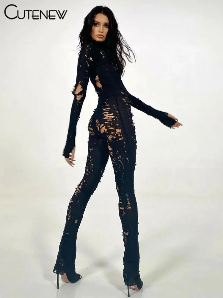 Cutenew Women's Knit Hollow Out Jumpsuits Sexy Turtleneck Full Sleeve One-pieces Pants Slim Overalls Party Clubwear Streetwear