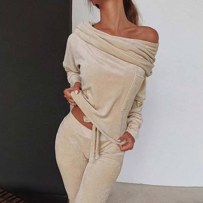2 PCS Set S-3XL UK Plus Size 6 Colors Sexy Velvet Off Shoulder Slope Collar Casual Women Home Suit Fashion Folds Long Sleeved Bow Pullover Top Trousers Suit Outfit