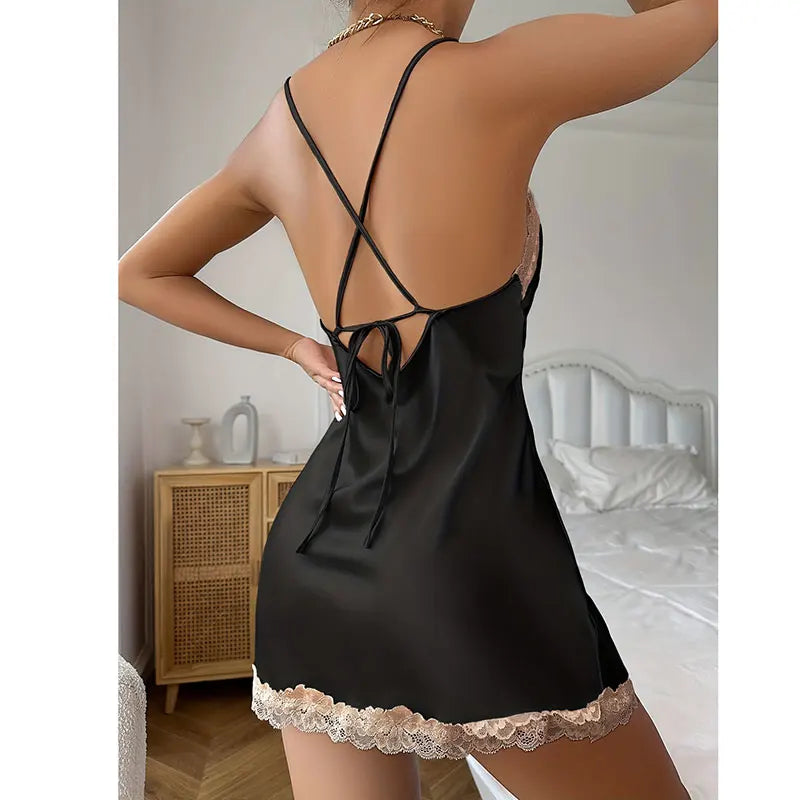 NEW S-XL 4 Colors Satin Erotic Nightdress Clothes Women Nightgowns Sexy Nightwear Lace Patchwork Lingerie Nighty Sleepwear Wedding Satin Dress Sleep Wear