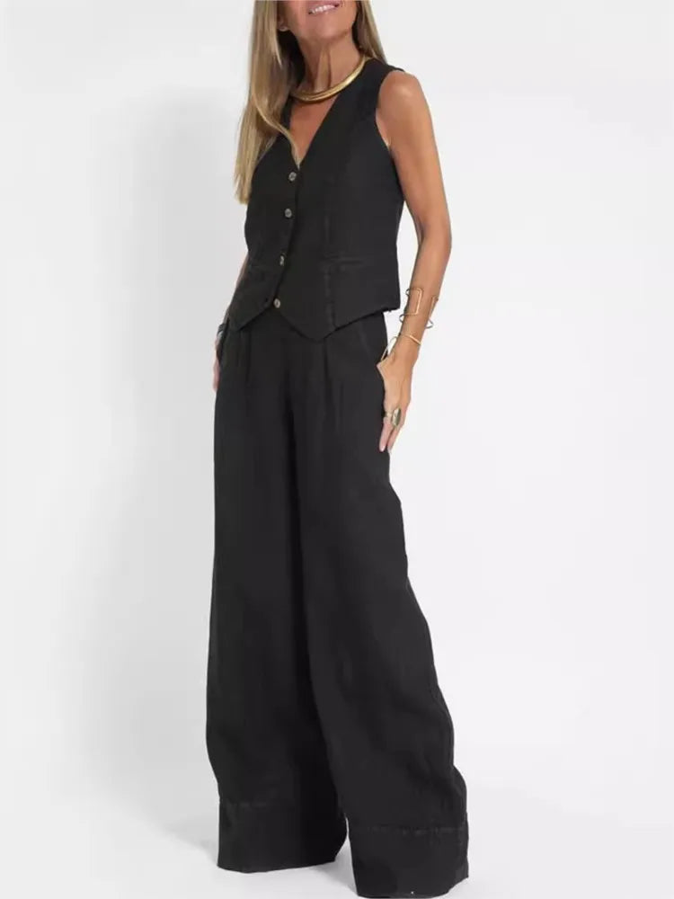 NEW Arrivals 2PCS Set S-2XL UK Size Women's Clothing Spring Summer New Fashionable Vest Pants Collage Splicing Pure Sleeveless Color Temperament Casual Suit