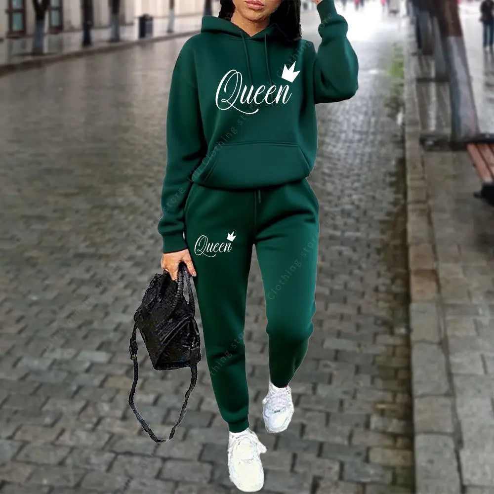NEW 2PCS Set S-3XL UK Plus Size 10 Colors Queen Letter Graphic Women's Sets Hoodies Pants Suit Autumn Winter Sports Jogging High quality Aesthetic Tracksuit