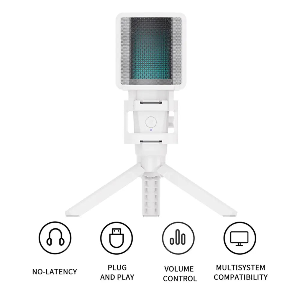 USB Condenser Recording Microphone White RGB Streaming Mic For PC And Mac with Android Phone Adapter Headphone Output