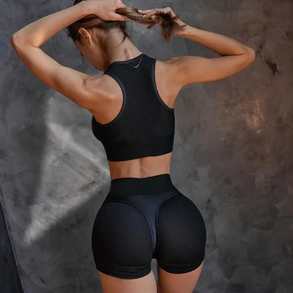 Gym Shorts Women Set Sexy Sportswear Transparent Mesh Suit for Fitness Booty Short Mujer Ropa De Yoga Clothing Black