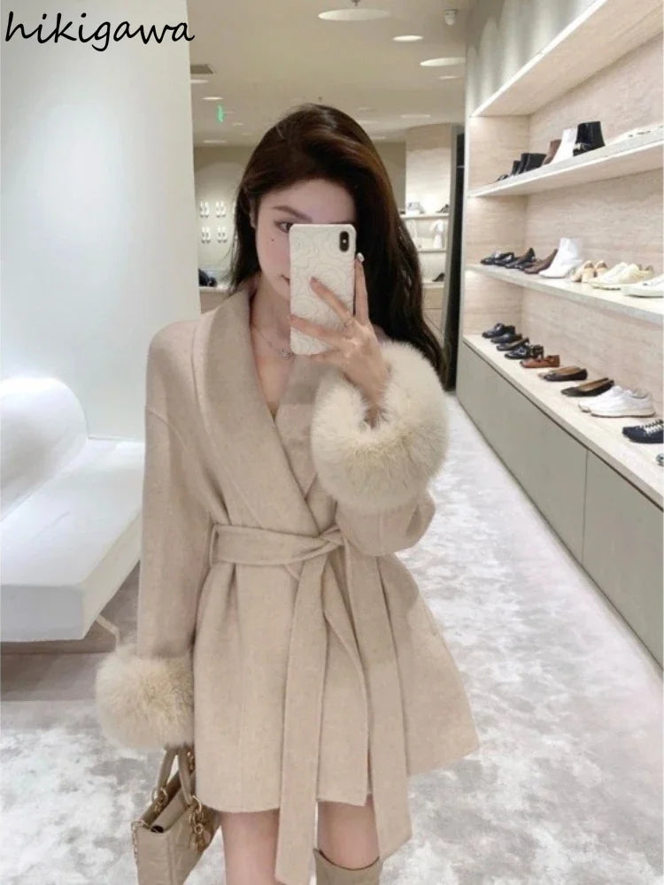 Low-Price Sales are Limited NEW Arrivals Women Patchwork Furry Long Sleeve Bandage Outwear Korean Y2K Clothes Solid Color Jackets Snow Winter Outwear Evening Nightclub Party Coats Ladies Girls Luxury Fashion Clothing Supplies