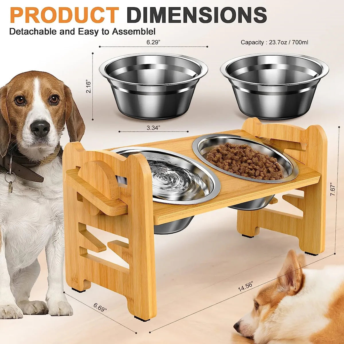 Elevated Pet Bowl for Small Dogs and Cats-Tilted Adjustable Raised Dog Bowls with 2 Stainless Steel Bowls,Non-Slip Bamboo Feeder