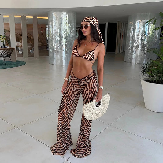 NEW 3PCS Set Tiger Bikini Swimsuit with Cover Up kimonos Swimwear Women Bathing Suit Micro Bikini Set Swimming Suits Biquini Ladies Summer Swimwear Suits
