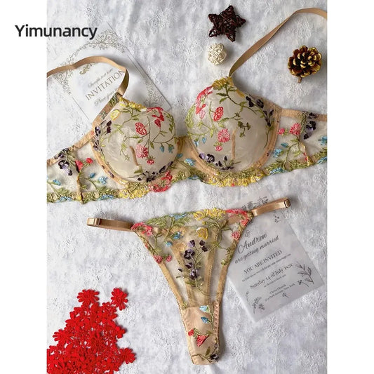 Floral Embroidery Lingerie Set Women Sheer 2-Piece Soho Bra + Panty Underwear Set Intimates