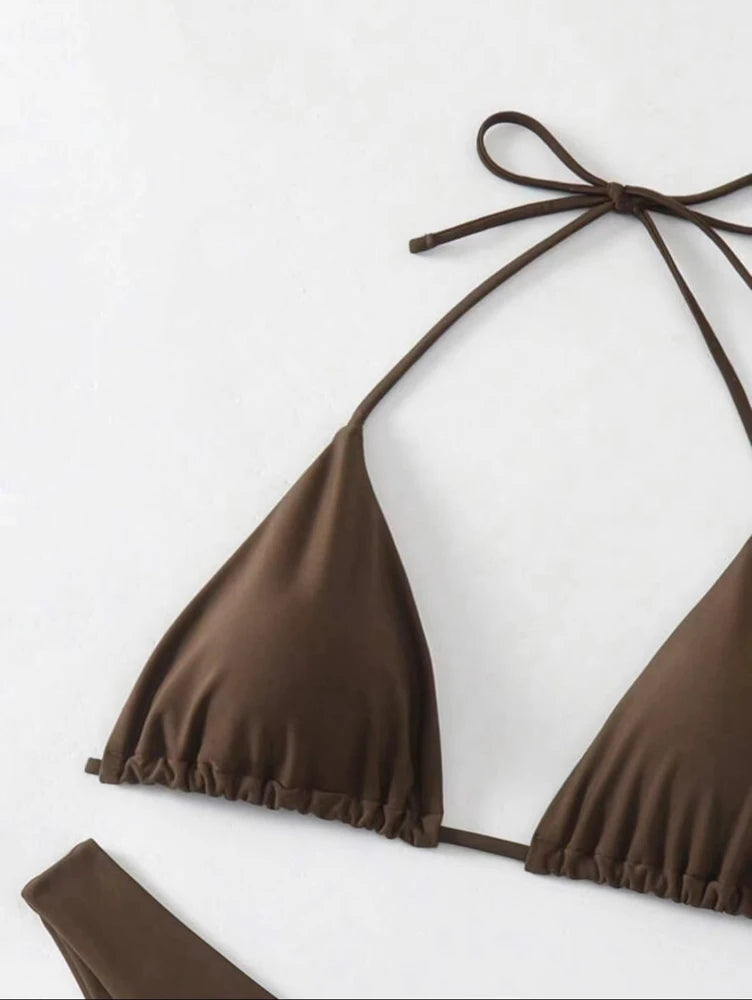 2 PCS Set UK 8-16 Size (S-XL)  8 Colors Women Thong Bikini Sexy Solid White/Black/Coffee Halter Swimsuit Lace Up Brazilian Bathing Suit New Double Fabric Beachwear