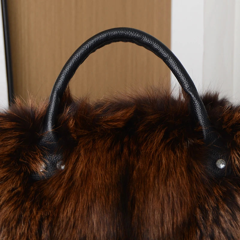 Luxurious Real Natural Red Fox Fur Handbag Women Single Shoulder Crossbody Bags Lady Clutch Bag Tote Bag Winter Outdoor Evening Travel  Ladies Warm Shoulder Bags Female Women Luxury Fashion Clothing Accessories Products
