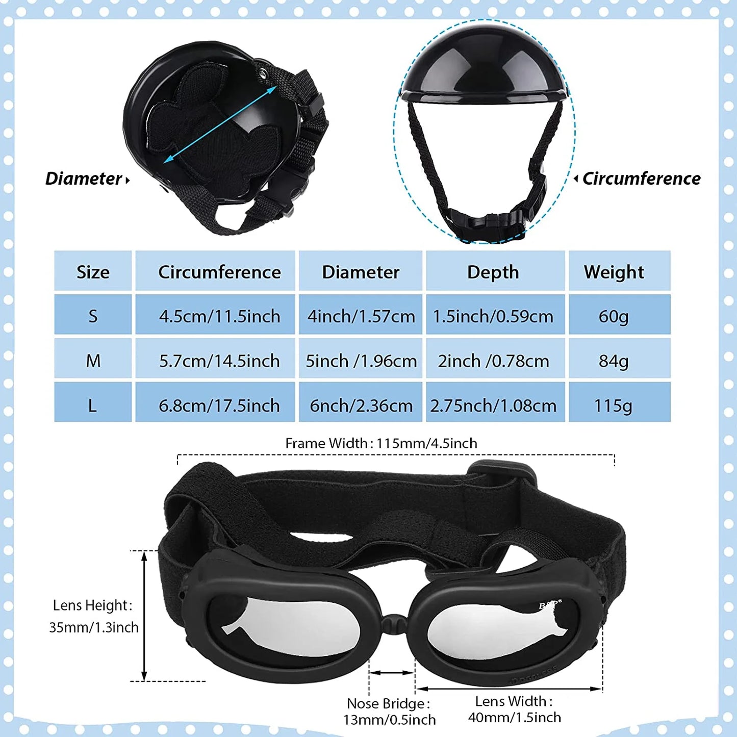 Dog Sunglasses and Pet Helmet Set with Dog Goggles, Dust Wind UV Protection Dog Glasses Dog Helmet and Goggles Adjustable Hat