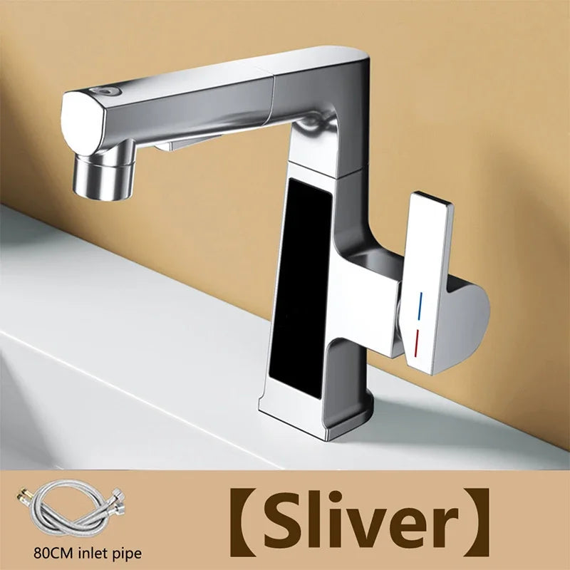 NEW Digital Display Pulling Faucet with Washing Gun Intelligent Temperature Sensor Brass Washbasin Taps Rotating Lifting Cold and Hot Water Mixer Tap Home Bathroom Kitchen Accessories