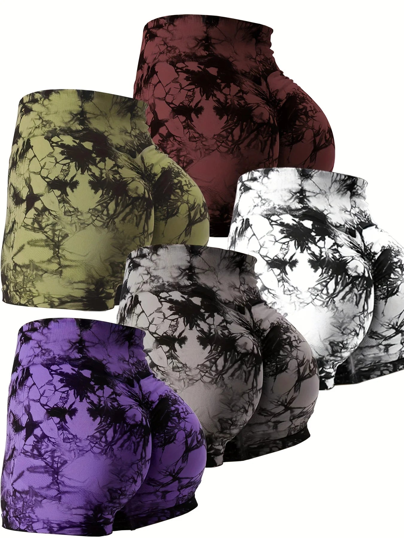 NEW Arrivals 5PCS Set  High-Waisted Tie-Dye Biker Shorts for Women - Stretchy, Moisture-Wicking, Quick-Drying, High-Quality Nylon Fabric Yoga Fitness Gym Outdoor Running Shorts Set Sports Supplies