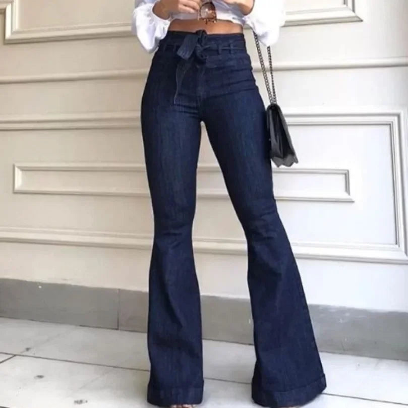 NEW Arrivals UK S-2XL Size Black/Blue Mom Jeans Women Flare Pants Zipper Fly Flat Pockets Streetwear Denim Work Elegant Bodycon Slight Stretch Belt High Waisted Jeans