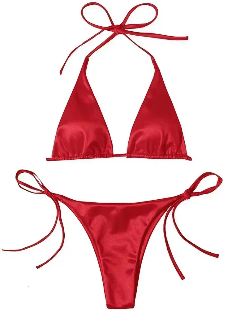 18 Colors UK Size Halter Brazilian Metallic Satin Bikini Women Swimwear Female Swimsuit Two-pieces Bikini Set High Cut Bathing Suit Swim Beachwear