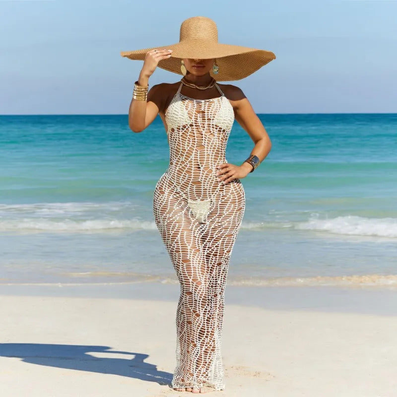 Women Summer Beach 3 Piece Set Bikini Bra + Thong + Lace Up Halter Backless Hollow Out Fishnet Long Dress Vacation Cover Ups