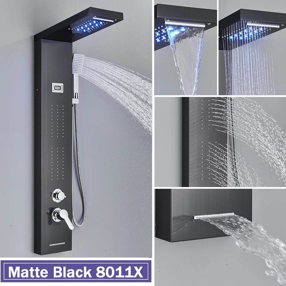 Silver Nickel and Black Color Luxury Massage Spa Shower Column LED Lights Rainfall Bathroom Faucet with Massage Jet Bath Panel System  5 Modes Waterfall Hot Cold Mixer Tap Home Hotels Bathroom Supplies