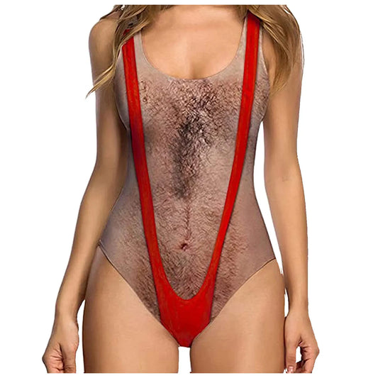 Sexy Funny Desing Swimsuit Women Fun 3d Fake Breast Hairy Print Bathing Suit Bodysuit Summer Beach Brazilian Swimwear Biquini