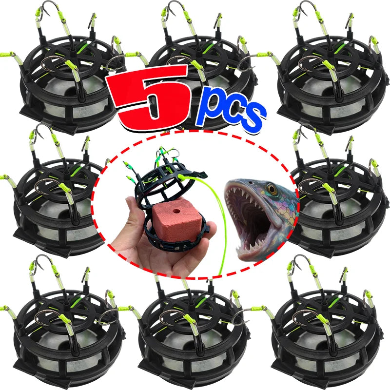 5 PCS Set Anti Current Bait Cage Fish Hook Fishing Accessory Metal Plastic Bait Holder Prevents Wash Away Increases Catch Rate Simple Elegant for Sea Boat River Lakes Fishing Supplies.