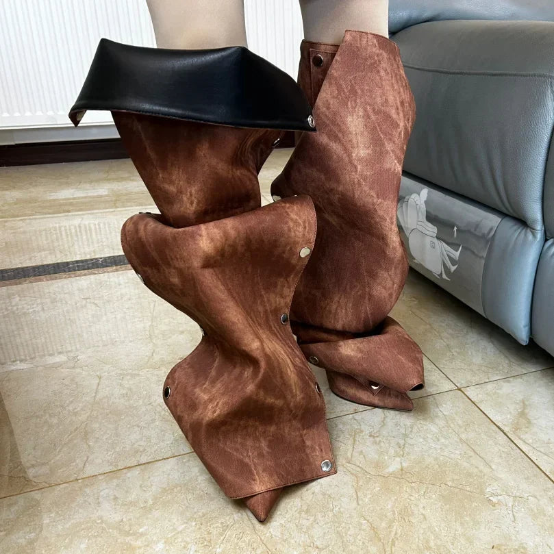 Just Arrived 7 Colors High Heel Long Boots for Women Botte Winter Boots Shoes Botas Mujer Thin Heeled Pointed Leather Denim Metal Button Shoe s Women Casual Apparel Accessories