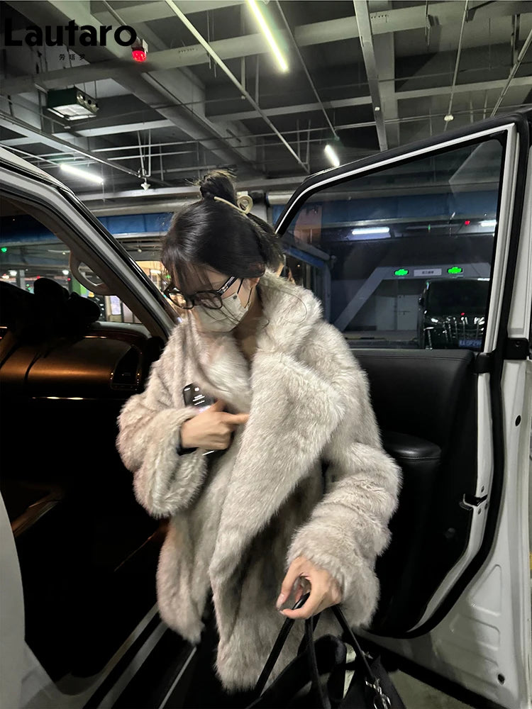 High Quality Luxury Autumn Winter Warm Snow Clothes Oversized Loose Casual Soft Thick Warm Hairy Faux Fox Fur Coat Women Long Sleeve Fluffy Jacket Female Girls Luxury Fashion Clothing Products