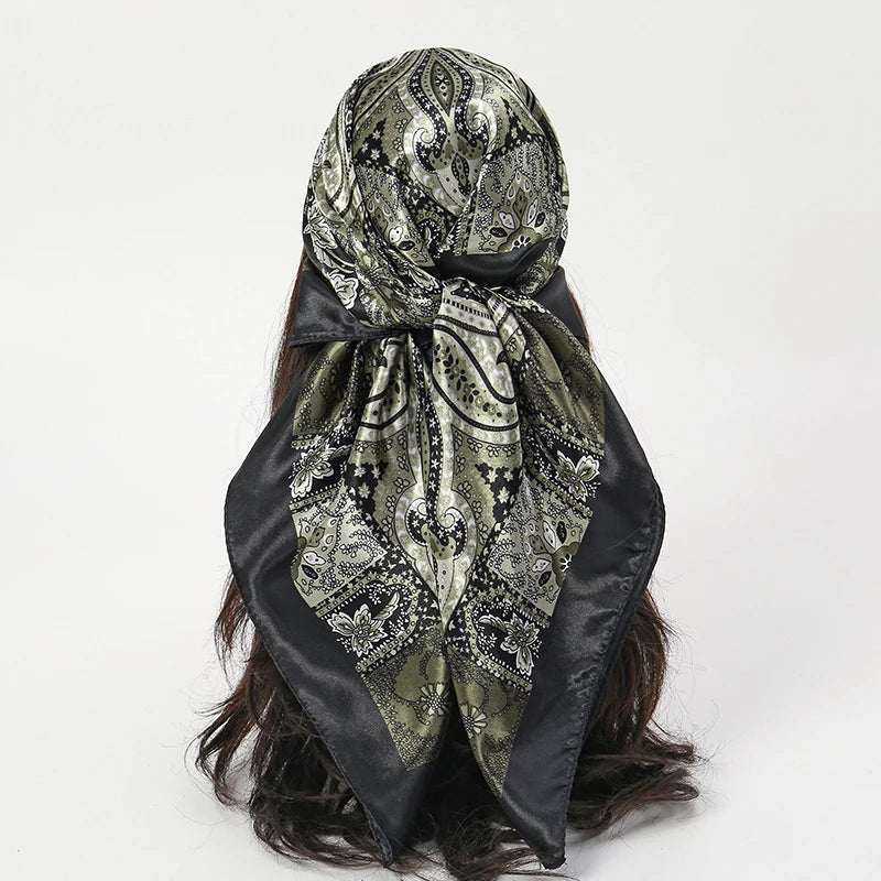 New 90x90cm 18 Colors Silk Shawl Satin Square Scarf For Women Paisley Neckerchief Female New Headband Hair Bands Print Foulard Hijab Wraps Bandana Women Apparel Accessories
