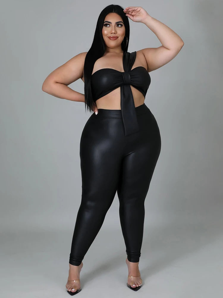 2 PCS Set L-4XL Plus Size  for Curvy Women Strapless Crop Top and Pants Tight Night Club Outfit Sexy Set Evening Summer Beach Party Suit