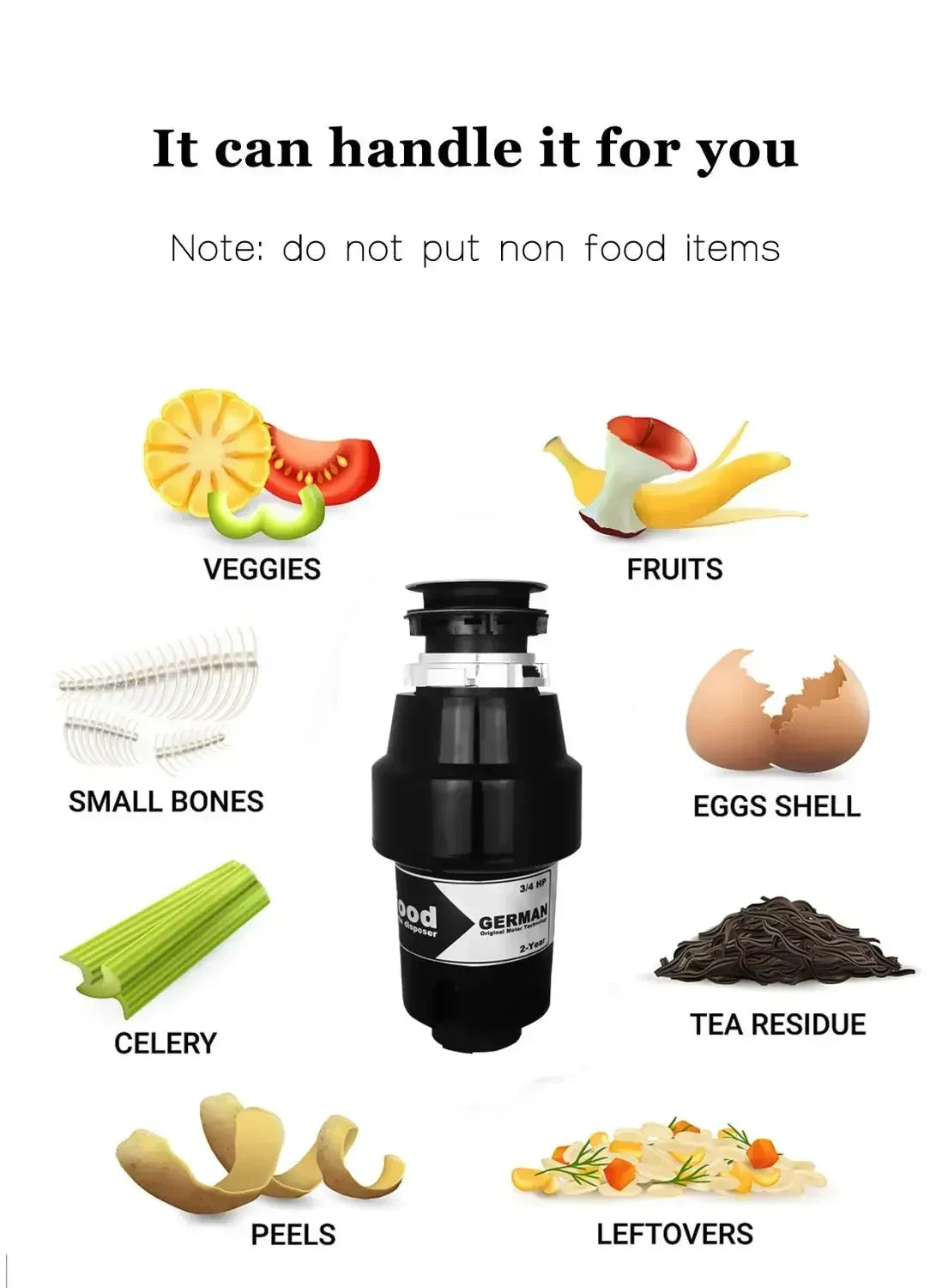 German 1000W Motor Technology 1 Horsepower Deluxe Continuous Feed Disposal Food Waste Disposer + Air Switch