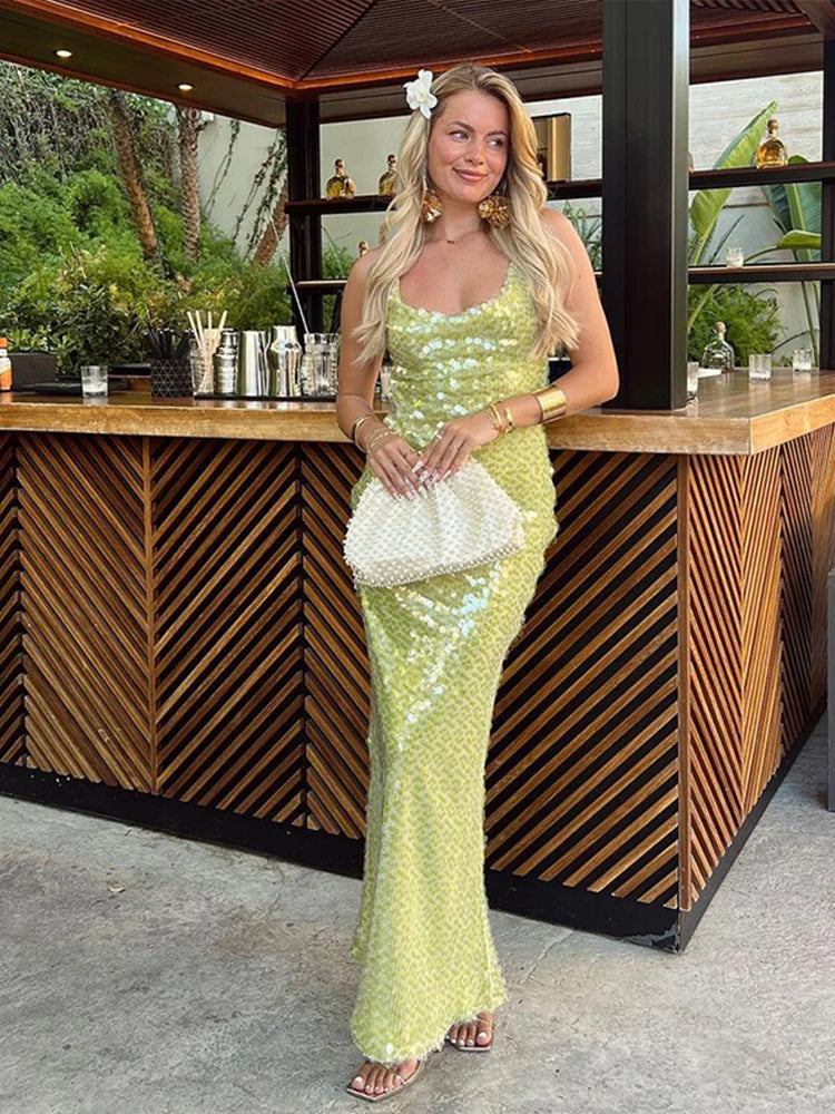 NEW Arrivals UK Size Beaded Sequins Backless Luxury Long Dresses Women Sexy Lace Up Slim Halter Evening Beach Party Night Club Glitter Dress Lady Elegant Summer Shinny Gown