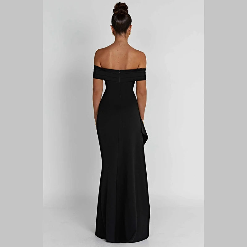 Fashion Solid Color Slash Neck Black High Slit Sexy Formal Champagne Slit Slim Elegant Dress Wrap Dresses For Wedding Guest