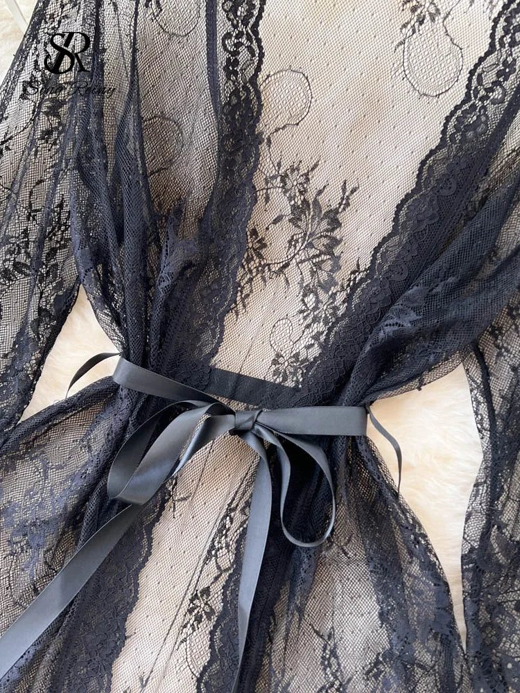 Mesh Sheer Sensual Cardigan Nightwear Women V Neck Lace Print Night Dress Summer Long Sleeve Lingerie Erotic Pajamas