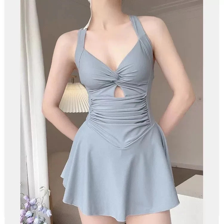 4 PCS Set Women's Swimsuit Dress + Swimming Cap + Goggles + Mobile Phones Bag + Nose Clip Earplugs Conservative Slimming Korean Style Sporty Hot Spring Swimming Suit Pure Color Skirt Style Gathered Bathing Sets