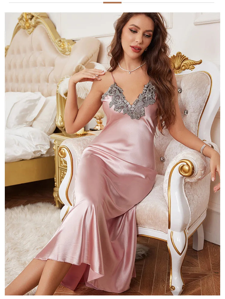 NEW S-2XL UK Plus Size Sexy Suspender Long Nightgown Female Chemise Sleepwear Home Dressing Gown Patchwork Lace Lingerie Nightdress Ice Silk Nightwear Loungewear