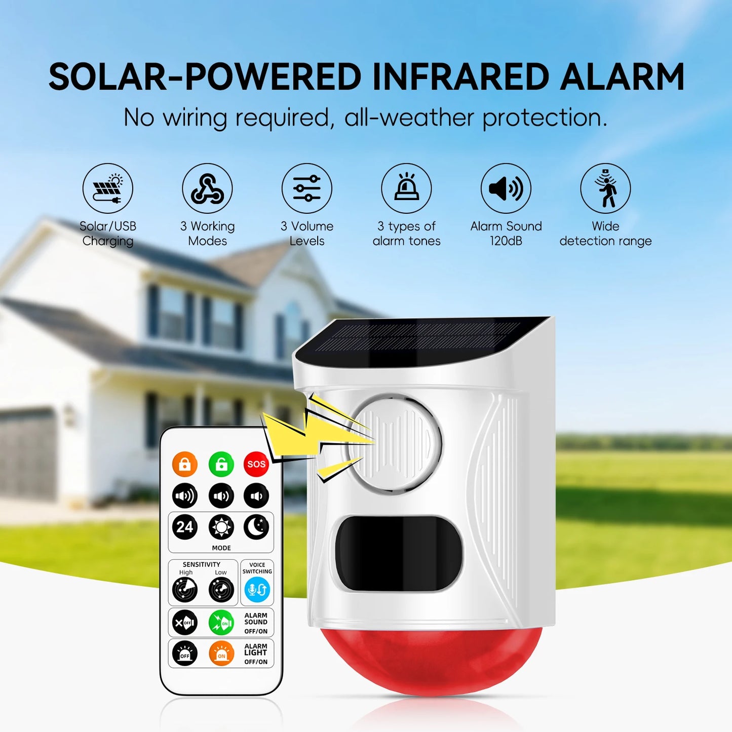 NEW Arrivals Solar Strobe Alarm Light with Motion Sensor Siren and Remote Control Outdoor Alarm Siren with Remote Controller 120db Sound Security Siren Light Home Villa Shops Security Supplies