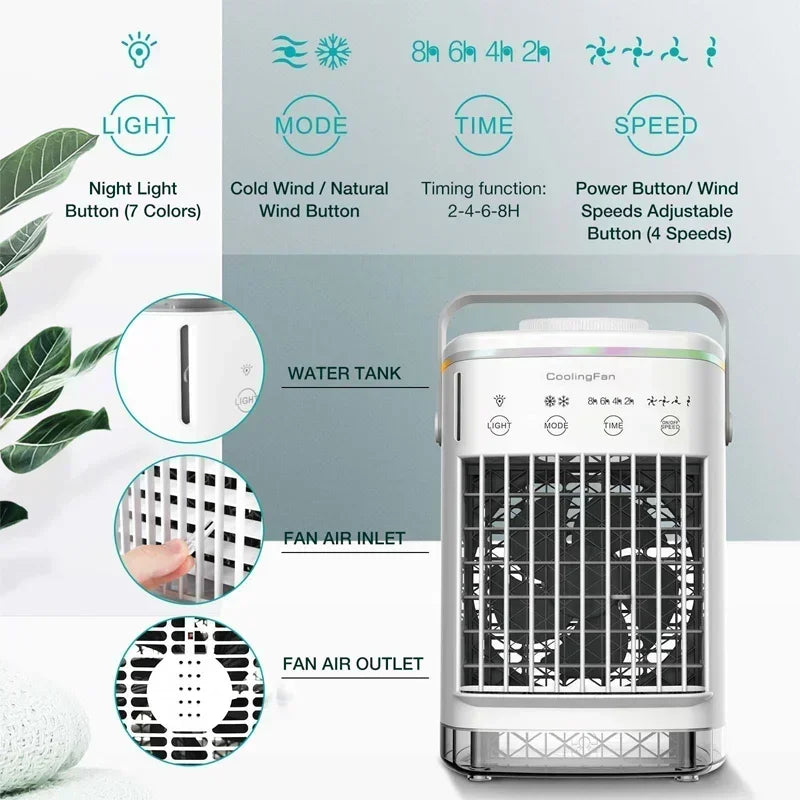 Home Office Air Conditioner Portable Fan Desktop Dual Spray Ultrasonic Atomization 3/4-Speed Mute Air Cooler Night Light for Outdoor Camping Beach Picnic Cooling Supplies