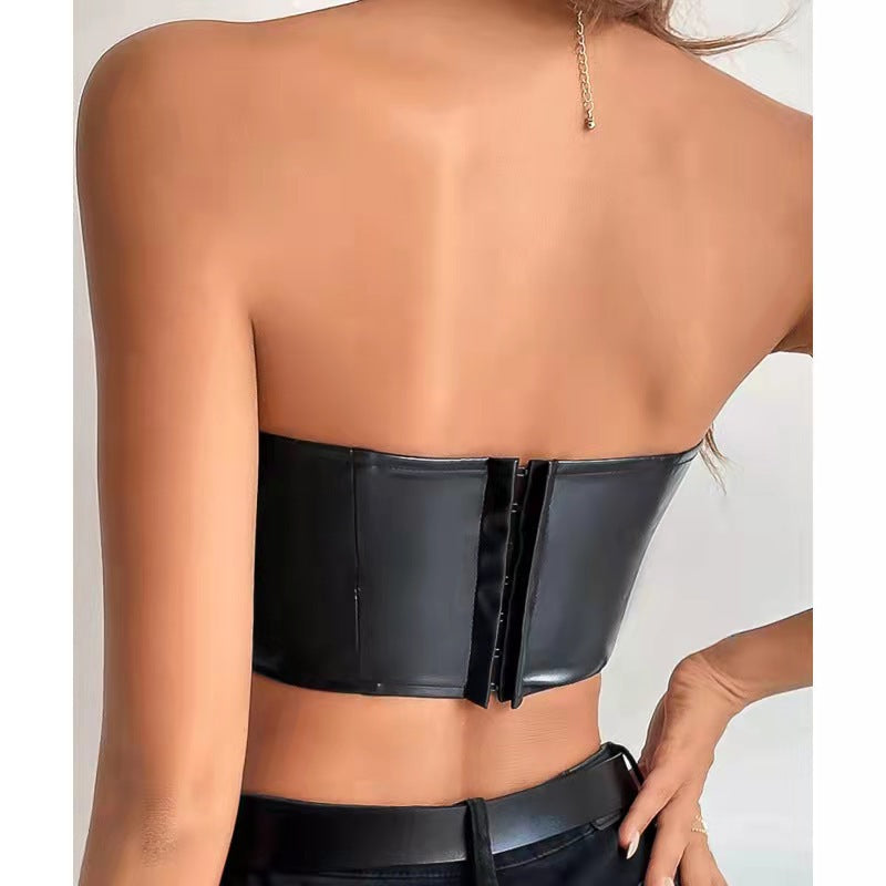 Black/Dark Brown Color S-XL Sexy Tank Top Glossy PU Leather Halter Crop Tops Women Wrap Chest Bare Midriff Camisole Sleeveless  Tube Top Female Cropped Vest