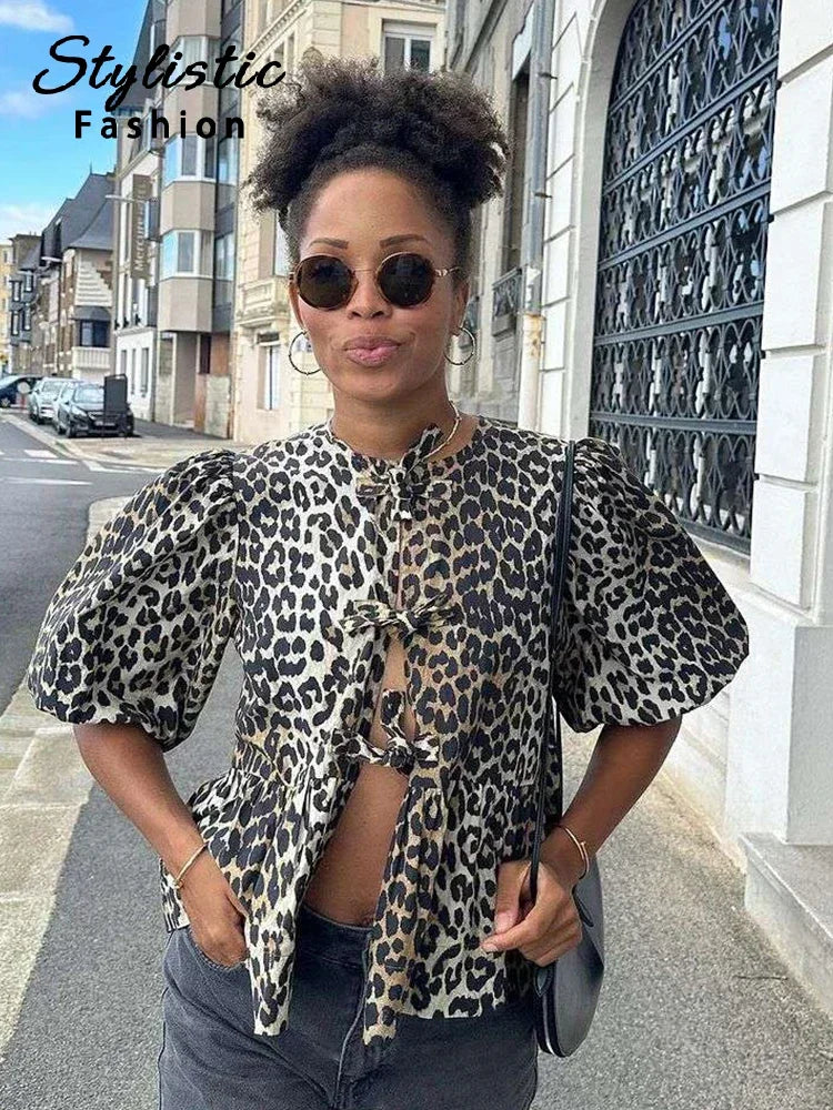 Leopard Print Shirt For Women Bow Lace Up O-neck Short Puff Sleeve Female T-shirt Summer Fashion All-match Street Lady Tops