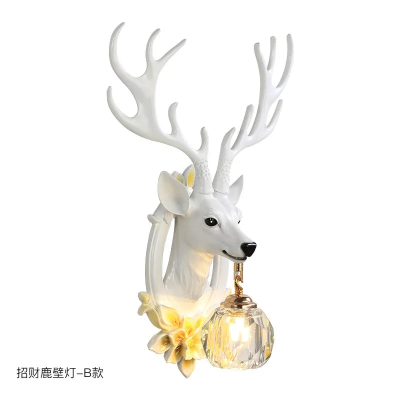 American Retro Lucky Deer Head Warm and White Lighting Wall Lamps Living Room Bedroom Restaurant Hotel Atmosphere Decorate Crystal Antlers Wall Sconces