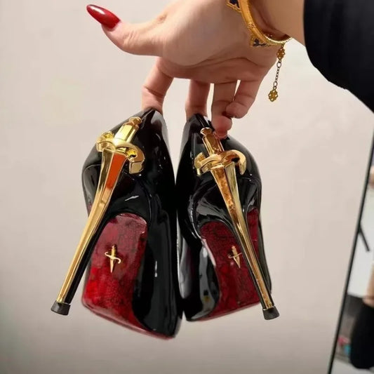 Just Arrived 10cm Early Spring New High Heels Women's Fine Heels Pointed Metal Swords Sexy Queen Black Lacquer Leather Single Evening Party Night Clubwear Prom Shoes