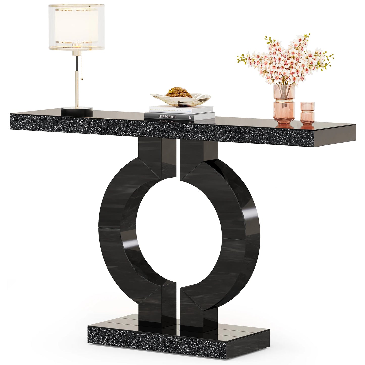 Ivory/Black Color 43-Inch Luxury Modern Mirrored Console Table, Glass Sofa Table with Mirror Finish, Entryway Table with O-Shaped Base, Home Furniture Supplies