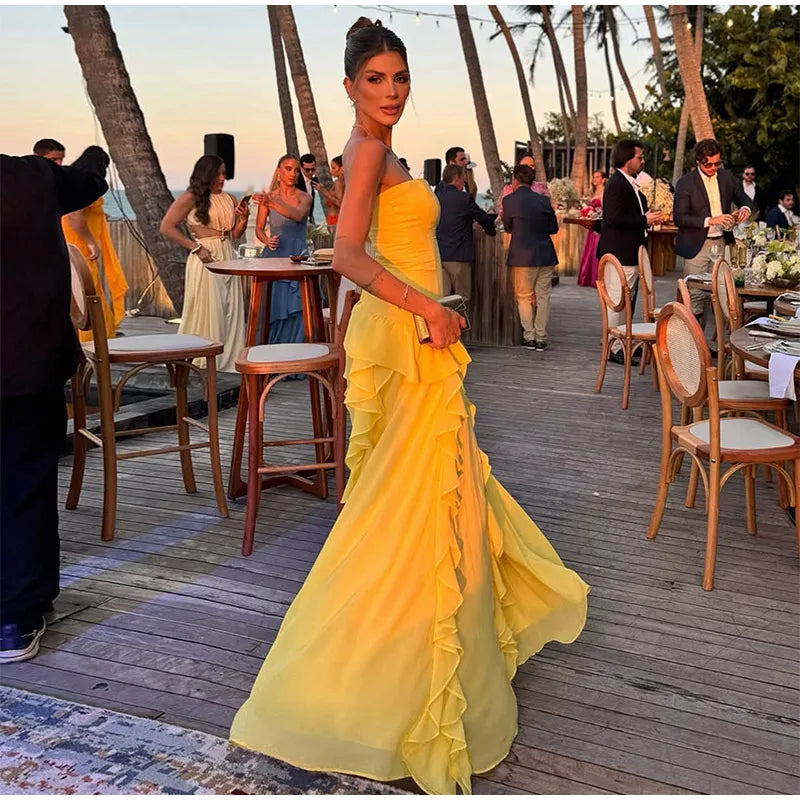 7 Colors Elegant Strapless Women's Dresses Sleeveless Waist Cinching Pleated Split Party Dress Spring Summer Evening Party Trendy Female Fashion