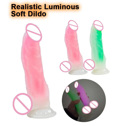 Adult Realistic Luminous Soft Dildo With Powerful Suction Cup Skin Feeling Vagina Anal Silicone Dildos For Women Dark Penis Sex Toys