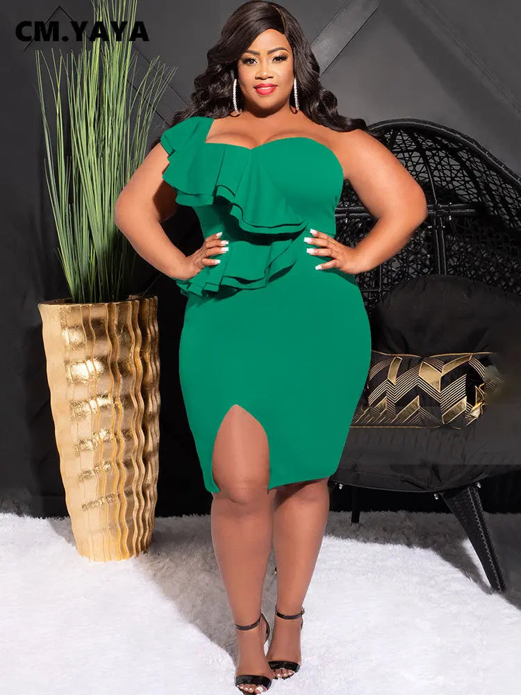 Plus Size Women Ruffles Shoulder Sleeveless Bodycon Midi Dress  Fashion INS Curve Sexy Party Club Dresses