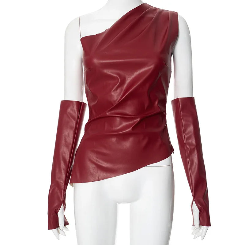 NEW Arrivals Solid Basic PU leather Diagonal Collar Fashion Asymmetrical Ruche With Sleeves Woman Y2K Clothing Versatile Noble Shirts Female Girls Luxury Fashion Clothing Supplies