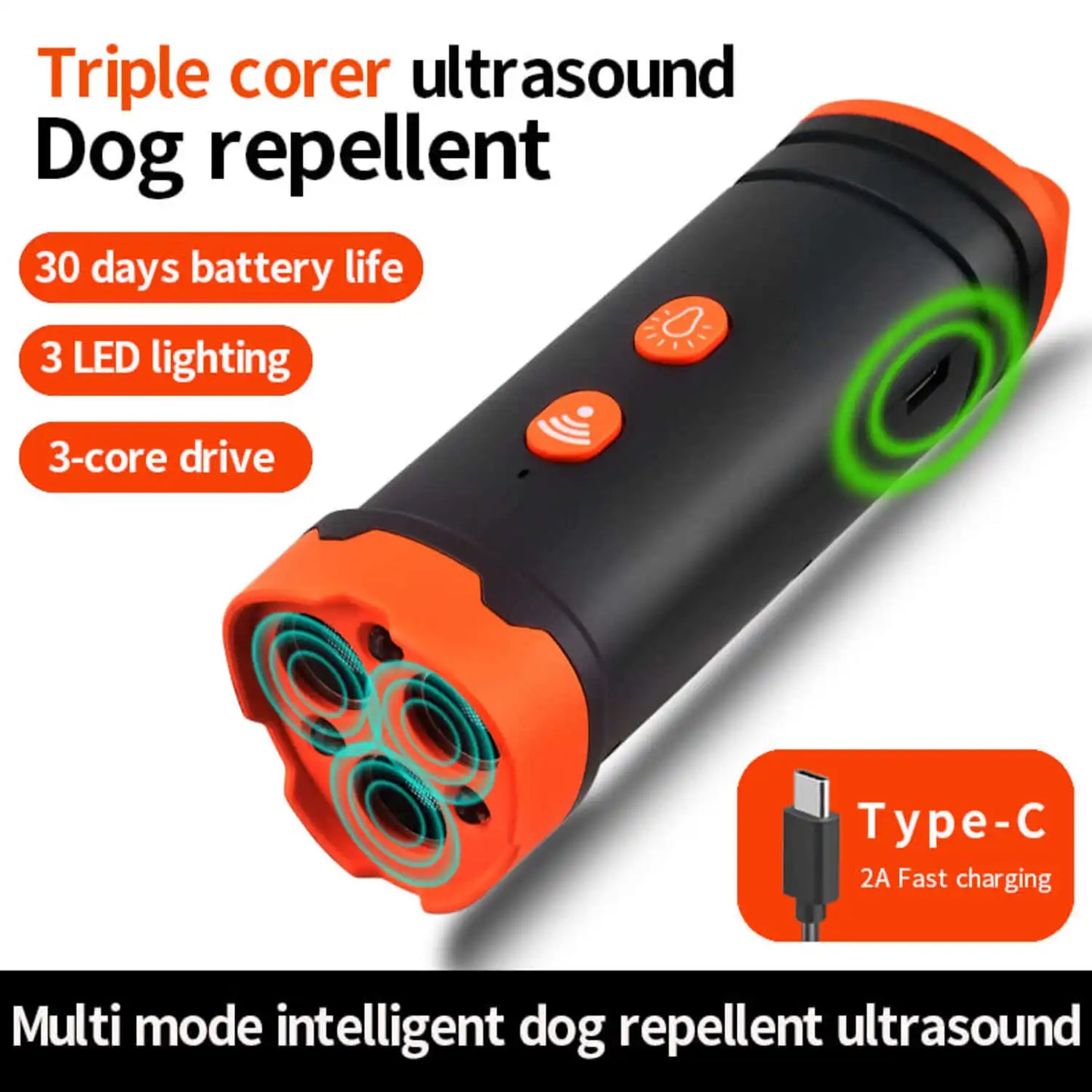 Ultrasonic Dog Repellent with LED Light Tri-core High Power Portable Handheld Ultrasonic Dog Trainer Repels Large Vicious Dogs