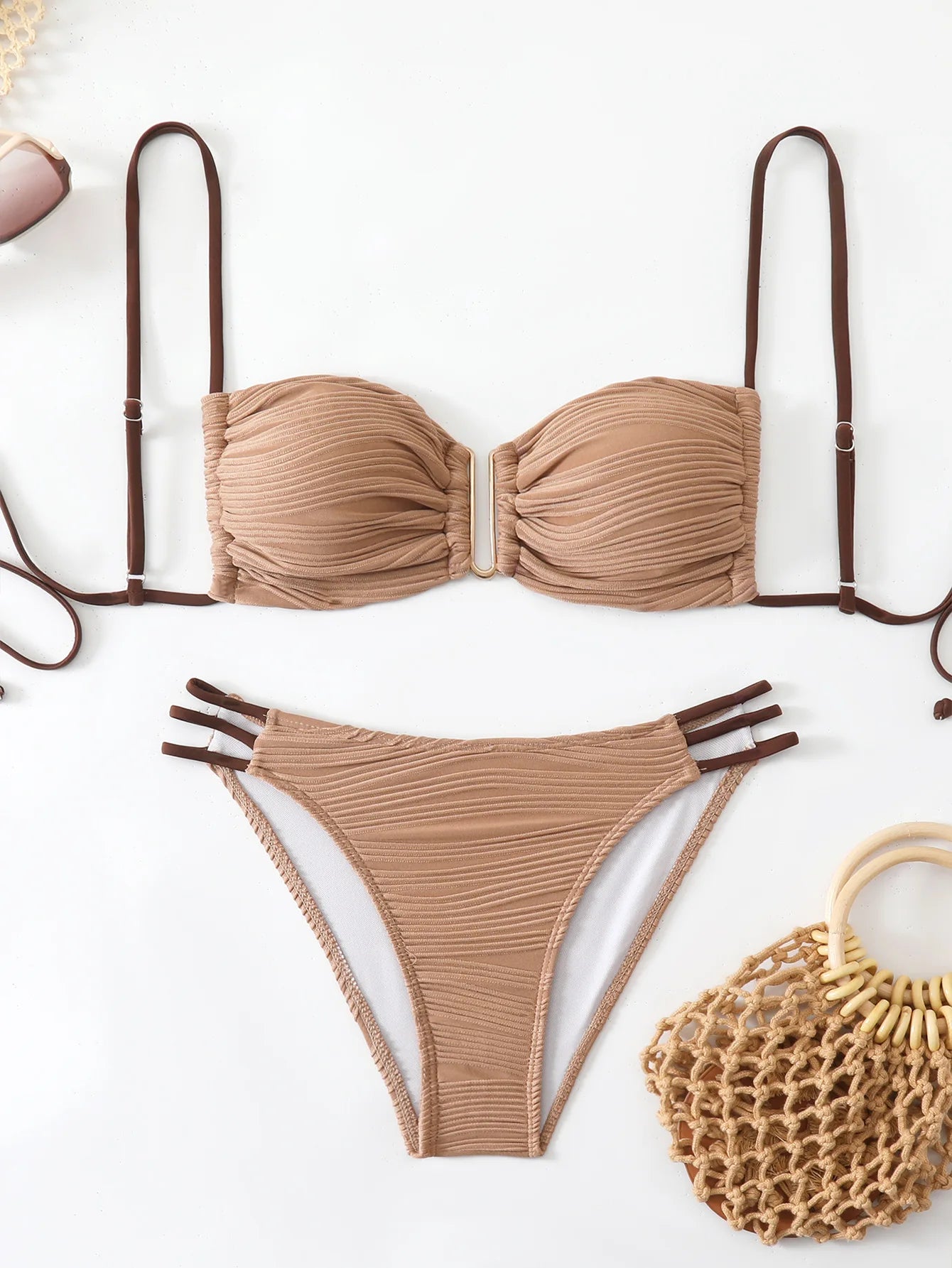 4 Colors Sexy Backless Folded Bikini Pure Color Three-Point Swimsuit Strap Binding Set Women's Adult Swimwear Bathing Set.