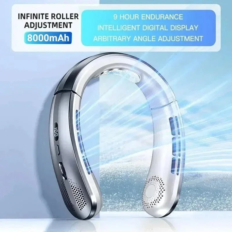 8000mAh USB Hanging Powerful Neck Fan Portable Bladeless Mini Rechargeable Mute LED Digital Display Electric Air Cooler Handheld.