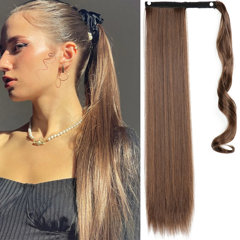 NEW  Synthetic Long Straight Wrap Around Clip In Ponytail Hair Extension Can Be Permed Heat Resistant Pony Tail Fake Hair